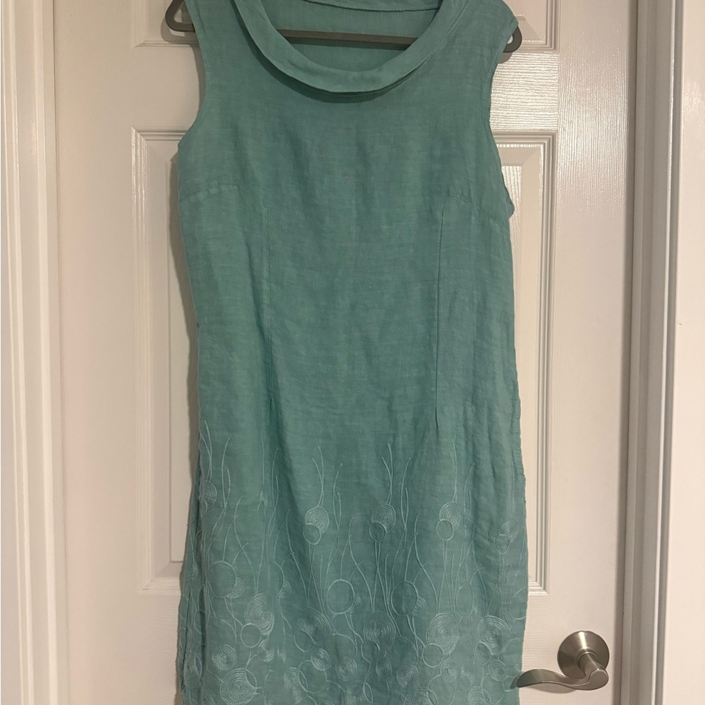 Sleeveless Teal Italian Linen Dress with Embroidered Details